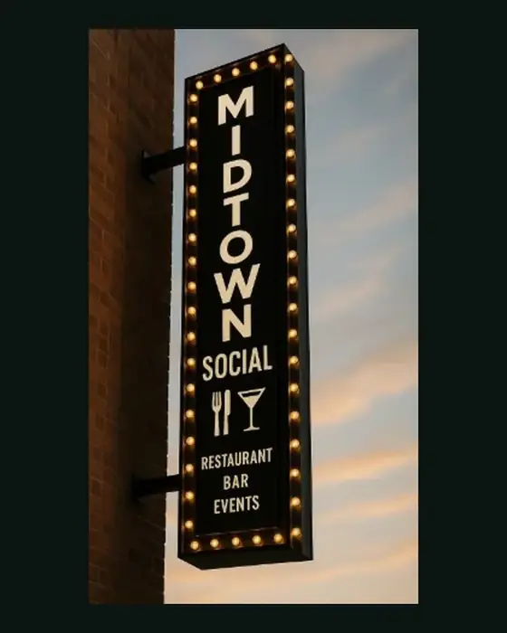 The Midtown Social marquee sign on East Lancaster Avenue at dusk, bulbs lit, reading Restaurant Bar Events.