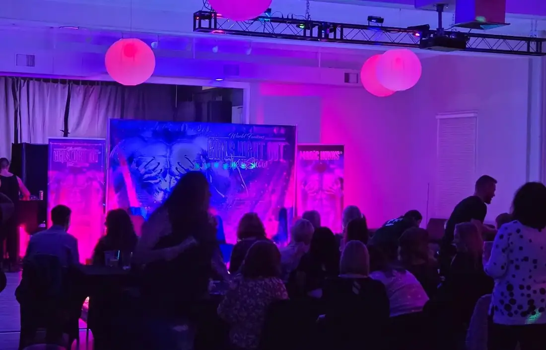 A full seated audience in Midtown Hall watching a ticketed touring show under pink and purple lighting.